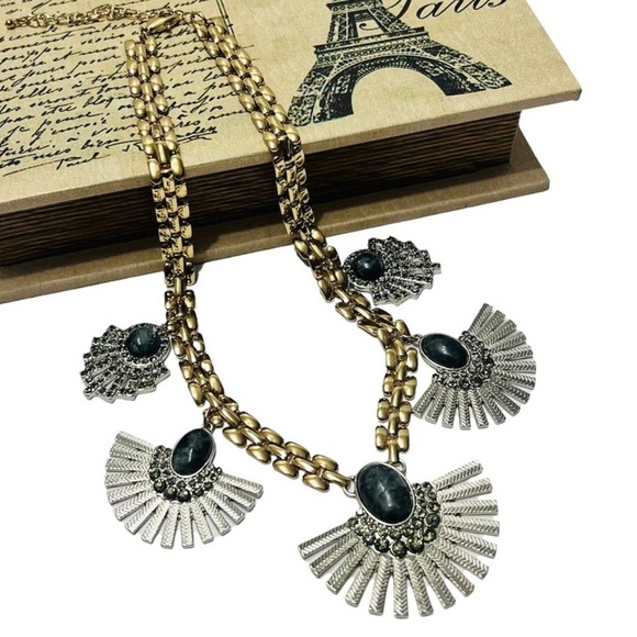 Fan Pendant Statement Necklace with Stone Gold Silver Blue Two Tone Boho Classic - Picture 2 of 6